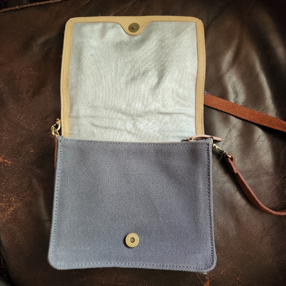 Miss Albright Anthropologie bag denim blue brown leather beading shoulder strap - Picture 3 of 9